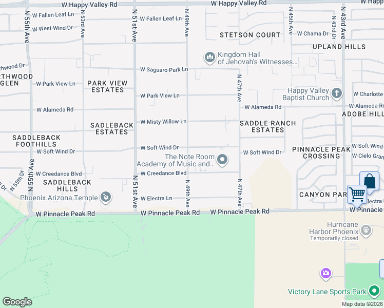 map of restaurants, bars, coffee shops, grocery stores, and more near 4901 West Soft Wind Drive in Glendale