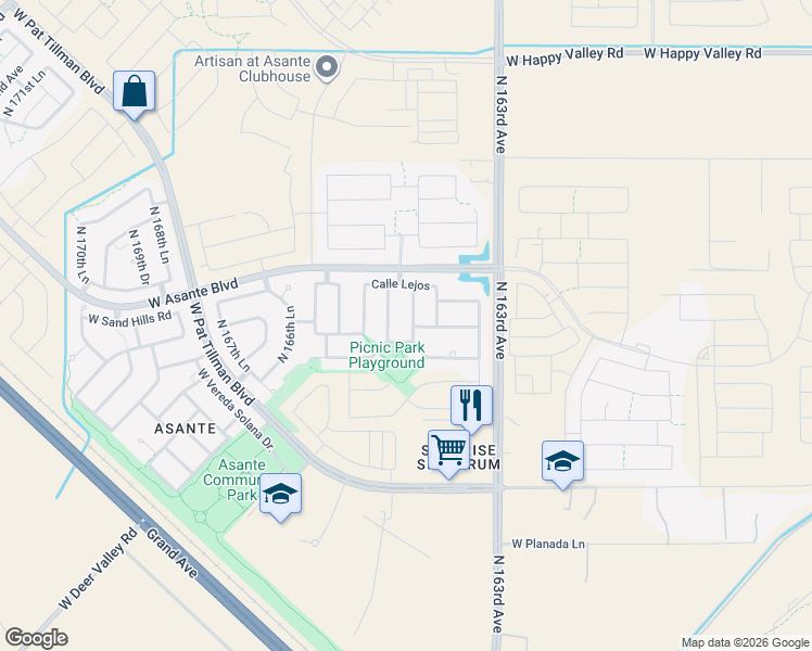 map of restaurants, bars, coffee shops, grocery stores, and more near 23994 North 164th Drive in Surprise