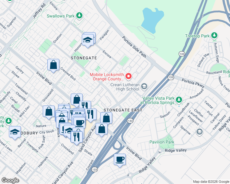 map of restaurants, bars, coffee shops, grocery stores, and more near 15201 Virtuoso in Irvine