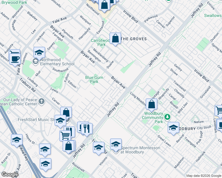 map of restaurants, bars, coffee shops, grocery stores, and more near 42 Midsummer in Irvine