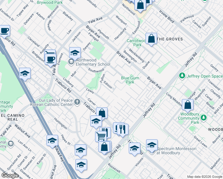 map of restaurants, bars, coffee shops, grocery stores, and more near 25 Field in Irvine