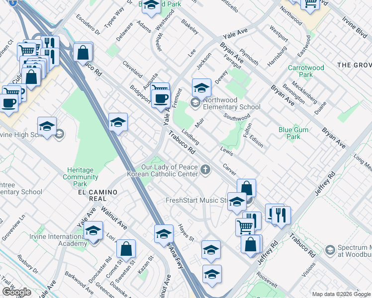 map of restaurants, bars, coffee shops, grocery stores, and more near 15 Gainesmill in Irvine