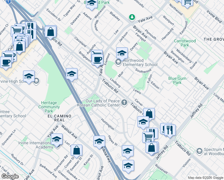map of restaurants, bars, coffee shops, grocery stores, and more near 15 Gainesmill in Irvine