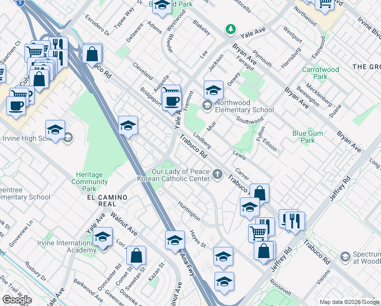 map of restaurants, bars, coffee shops, grocery stores, and more near 15 Gainesmill in Irvine