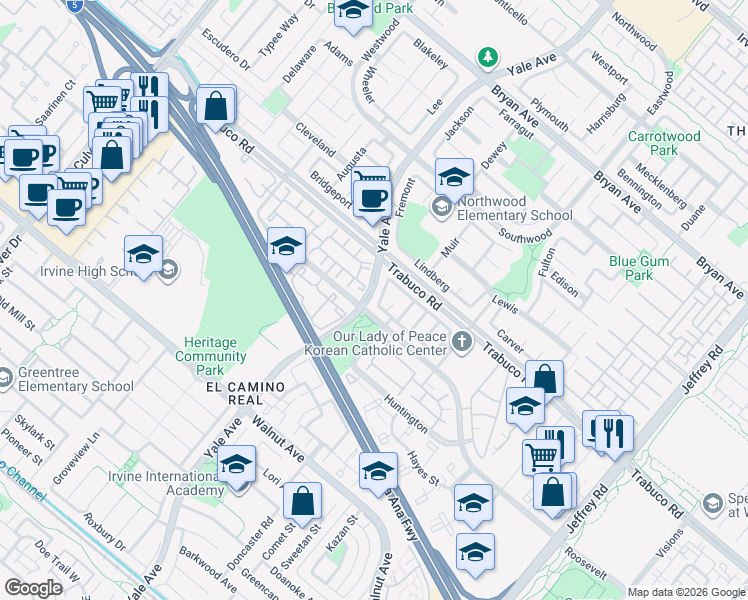 map of restaurants, bars, coffee shops, grocery stores, and more near 18 Antietam in Irvine