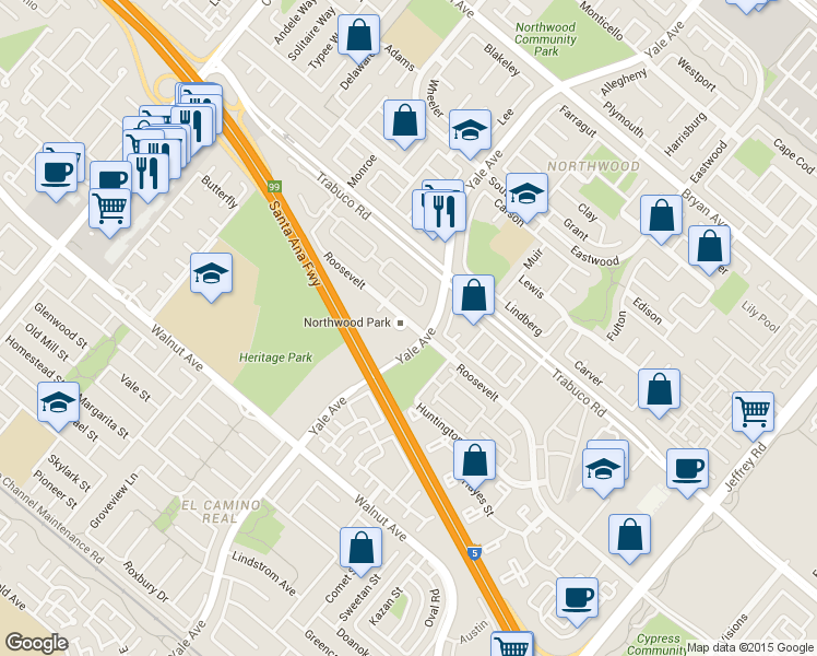 map of restaurants, bars, coffee shops, grocery stores, and more near 320 Roosevelt in Irvine