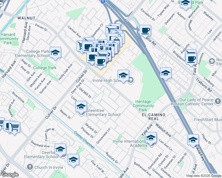 map of restaurants, bars, coffee shops, grocery stores, and more near 4251 Fireside Circle in Irvine