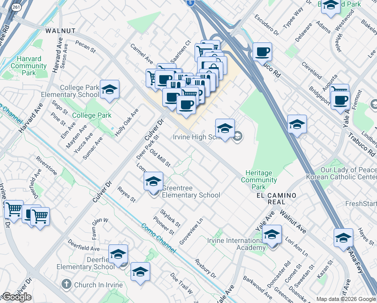 map of restaurants, bars, coffee shops, grocery stores, and more near 4192 Belvedere Street in Irvine