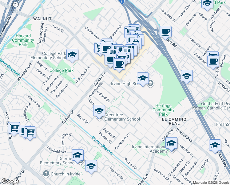 map of restaurants, bars, coffee shops, grocery stores, and more near 4192 Belvedere Street in Irvine