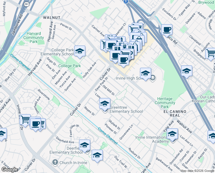 map of restaurants, bars, coffee shops, grocery stores, and more near 4052 Old Mill Street in Irvine