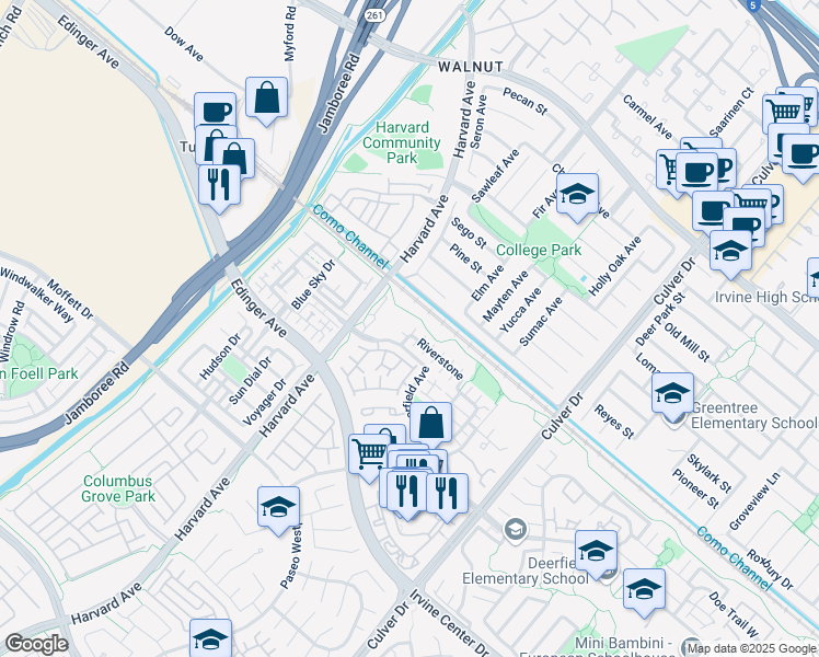 map of restaurants, bars, coffee shops, grocery stores, and more near 56 Riverstone in Irvine