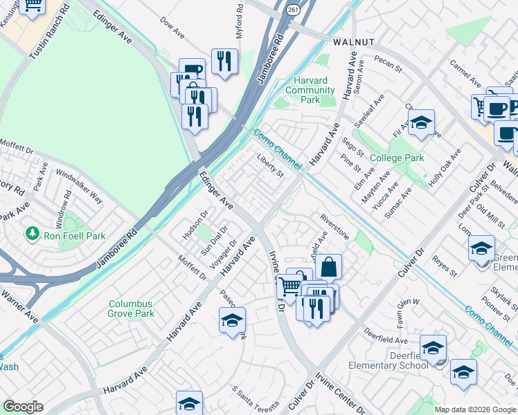 map of restaurants, bars, coffee shops, grocery stores, and more near 341 Flyers Lane in Tustin