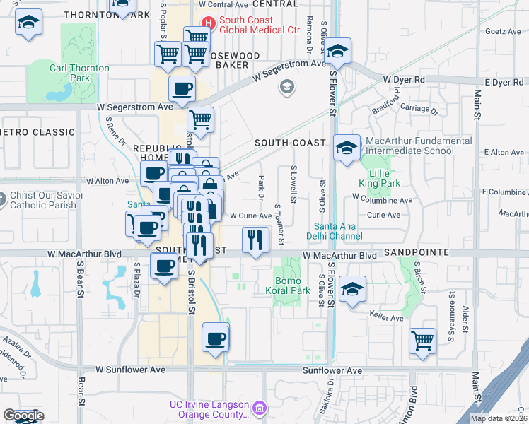map of restaurants, bars, coffee shops, grocery stores, and more near 1009 West Curie Avenue in Santa Ana