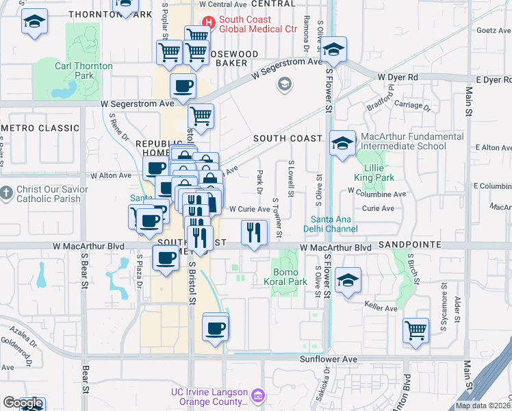 map of restaurants, bars, coffee shops, grocery stores, and more near 1117 West Curie Avenue in Santa Ana