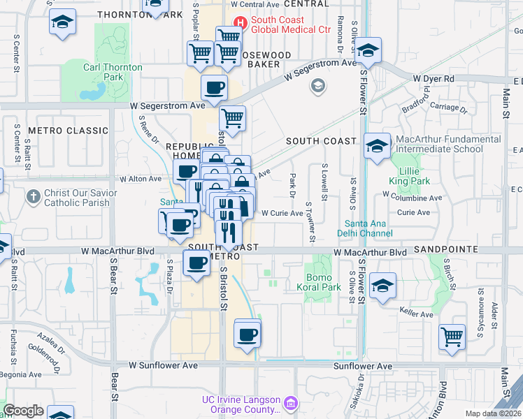 map of restaurants, bars, coffee shops, grocery stores, and more near 3414 West Curie Avenue in Santa Ana