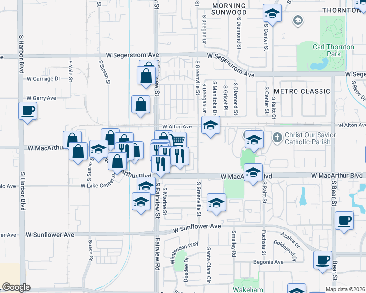 map of restaurants, bars, coffee shops, grocery stores, and more near 3474 Aries Court in Santa Ana