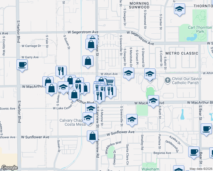 map of restaurants, bars, coffee shops, grocery stores, and more near 3474 Aries Court in Santa Ana