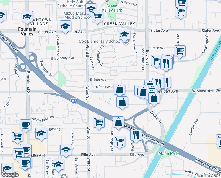map of restaurants, bars, coffee shops, grocery stores, and more near 10696 La Perla Avenue in Fountain Valley