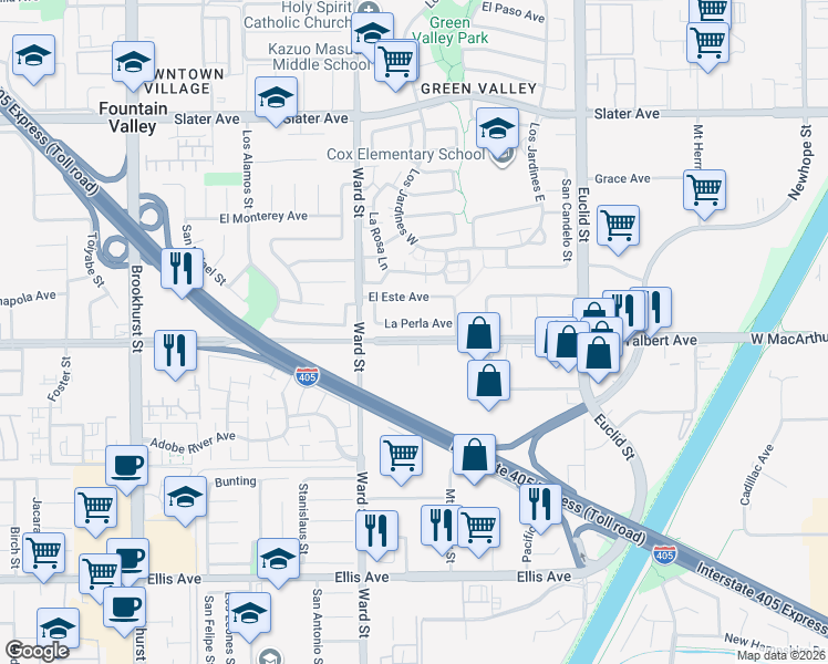 map of restaurants, bars, coffee shops, grocery stores, and more near 10614 La Perla Avenue in Fountain Valley