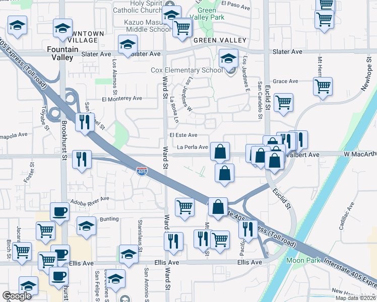 map of restaurants, bars, coffee shops, grocery stores, and more near 10614 La Perla Avenue in Fountain Valley
