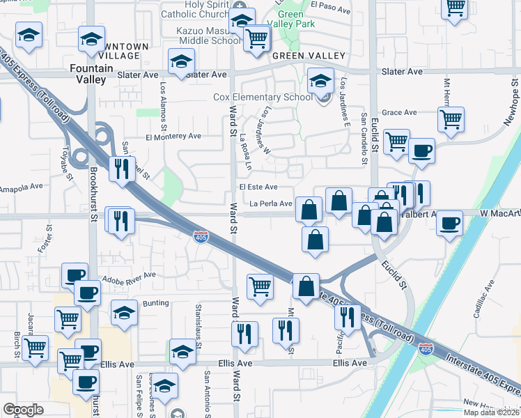 map of restaurants, bars, coffee shops, grocery stores, and more near 10614 La Perla Avenue in Fountain Valley