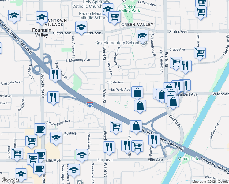 map of restaurants, bars, coffee shops, grocery stores, and more near 10614 La Perla Avenue in Fountain Valley