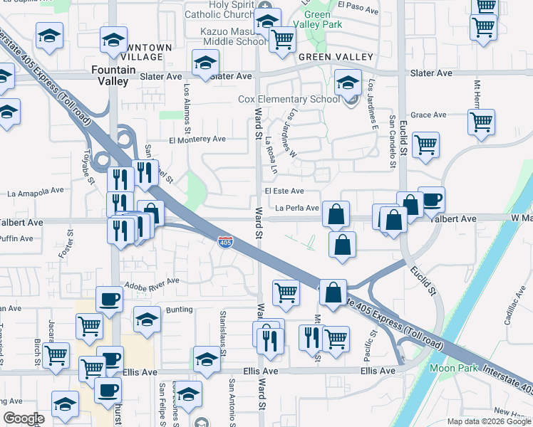 map of restaurants, bars, coffee shops, grocery stores, and more near 10544 La Perla Avenue in Fountain Valley