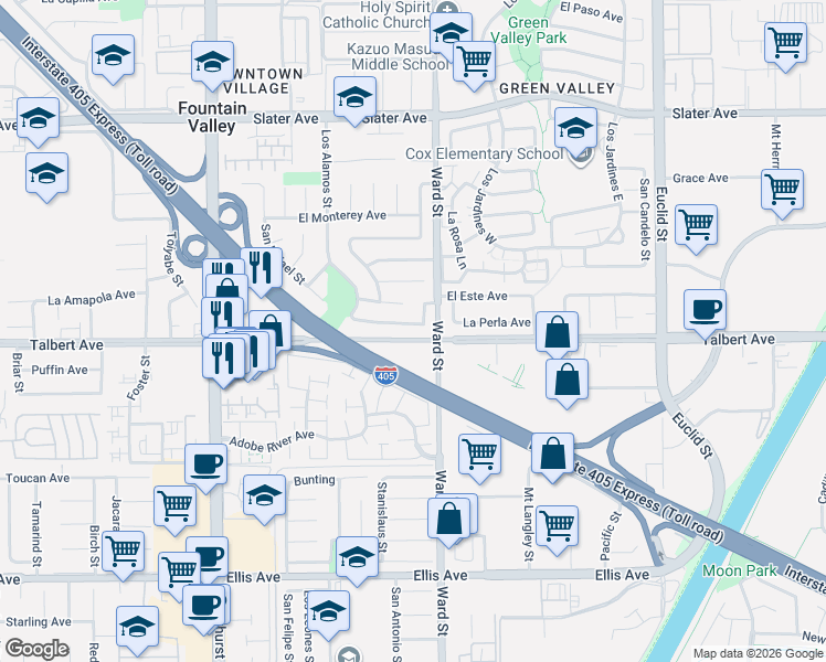 map of restaurants, bars, coffee shops, grocery stores, and more near 10454 La Despensa Avenue in Fountain Valley