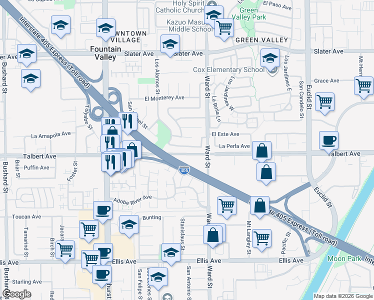 map of restaurants, bars, coffee shops, grocery stores, and more near 10376 La Despensa Avenue in Fountain Valley
