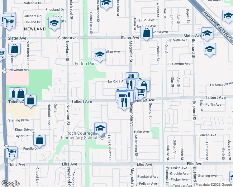 map of restaurants, bars, coffee shops, grocery stores, and more near 8893 Salmon Avenue in Fountain Valley