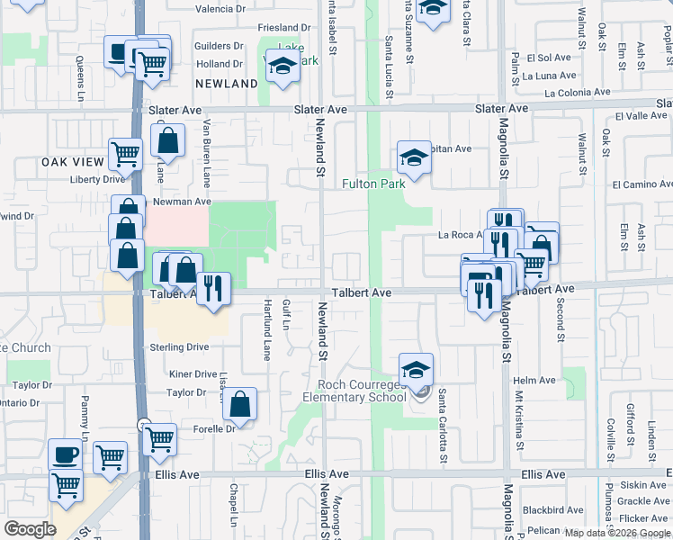 map of restaurants, bars, coffee shops, grocery stores, and more near 17952 Point Reyes Street in Fountain Valley