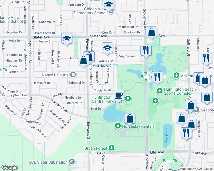 map of restaurants, bars, coffee shops, grocery stores, and more near 17912 Quintana Lane in Huntington Beach