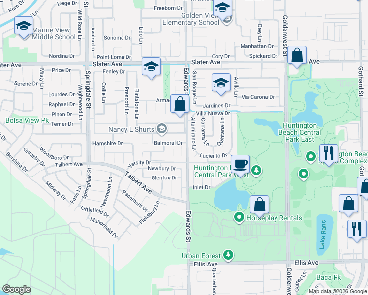 map of restaurants, bars, coffee shops, grocery stores, and more near 17902 Scotia Circle in Huntington Beach