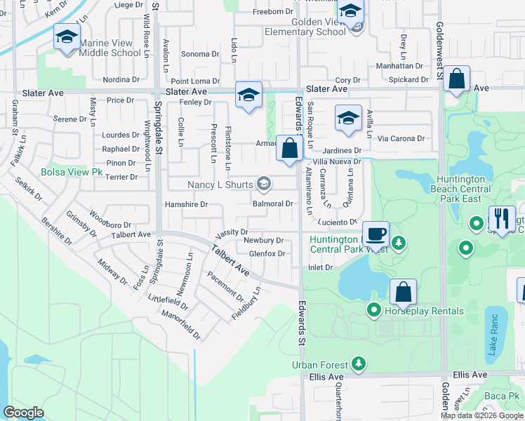 map of restaurants, bars, coffee shops, grocery stores, and more near 17912 Skye Lane in Huntington Beach