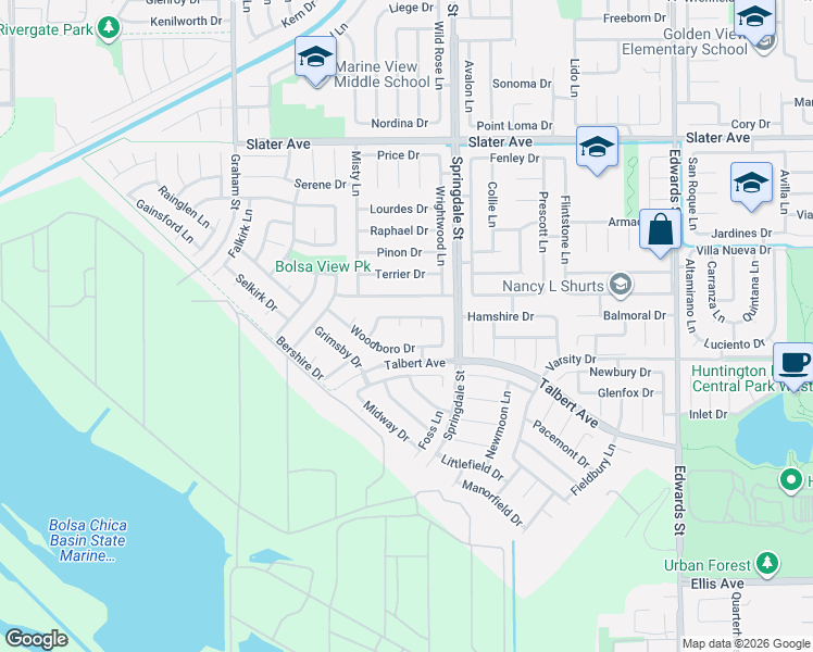 map of restaurants, bars, coffee shops, grocery stores, and more near 17932 Portside Circle in Huntington Beach