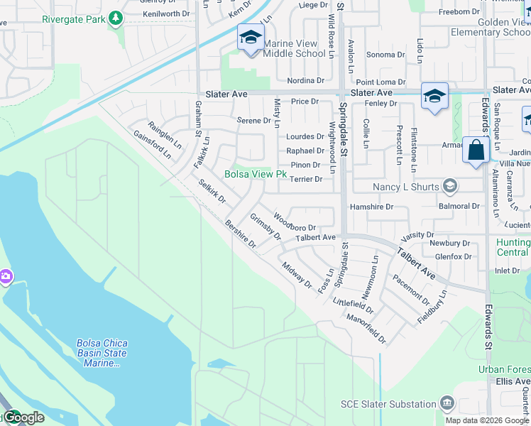 map of restaurants, bars, coffee shops, grocery stores, and more near 5701 Grimsby Drive in Huntington Beach