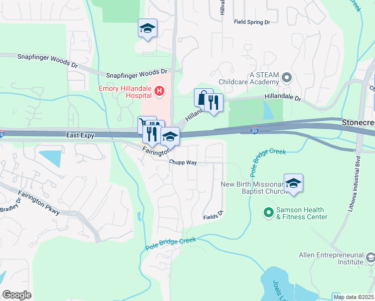 map of restaurants, bars, coffee shops, grocery stores, and more near 5959 Fairington Road in Stonecrest