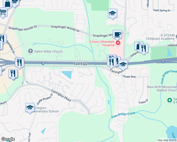 map of restaurants, bars, coffee shops, grocery stores, and more near 94 Willowick Drive in Stonecrest