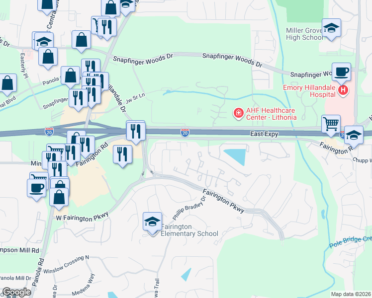 map of restaurants, bars, coffee shops, grocery stores, and more near 71 Place Fontaine in Stonecrest
