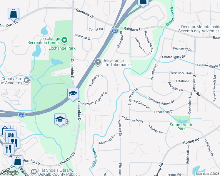 map of restaurants, bars, coffee shops, grocery stores, and more near 2737 Knollberry Lane in Decatur