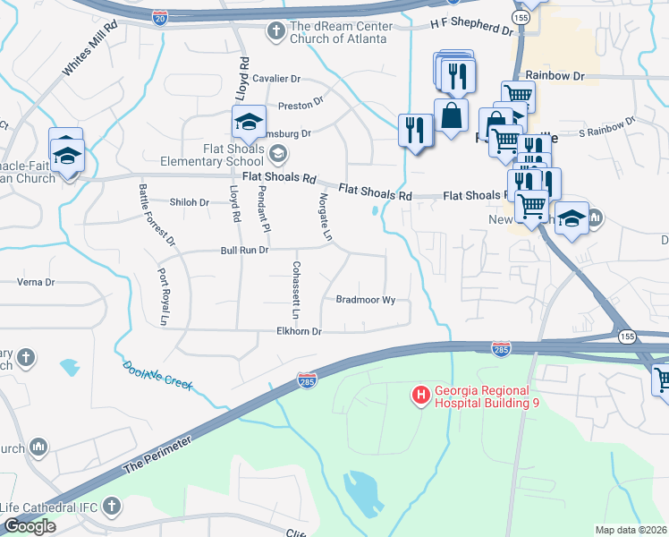 map of restaurants, bars, coffee shops, grocery stores, and more near 2887 Gwendon Terrace in Decatur
