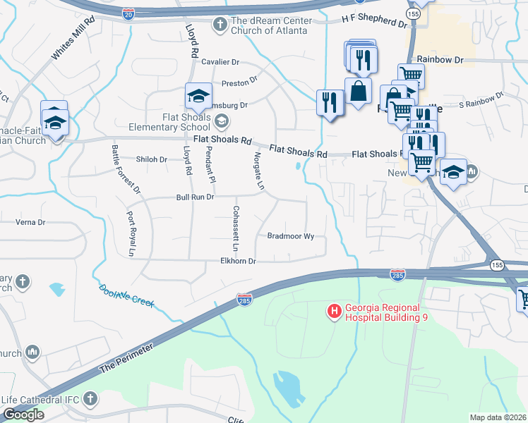 map of restaurants, bars, coffee shops, grocery stores, and more near 2887 Gwendon Terrace in Decatur