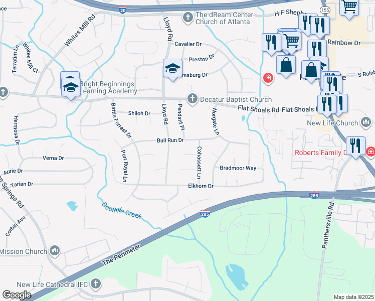 map of restaurants, bars, coffee shops, grocery stores, and more near 2600 Cohassett Court in Decatur