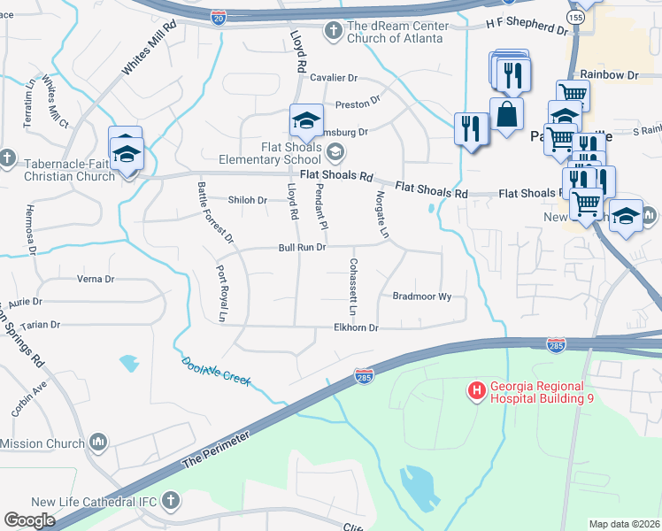 map of restaurants, bars, coffee shops, grocery stores, and more near 2600 Cohassett Court in Decatur
