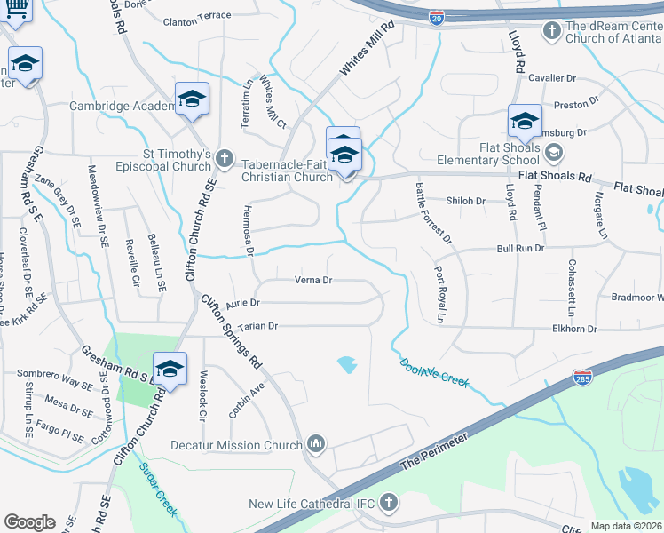 map of restaurants, bars, coffee shops, grocery stores, and more near 2888 Verna Court in Decatur