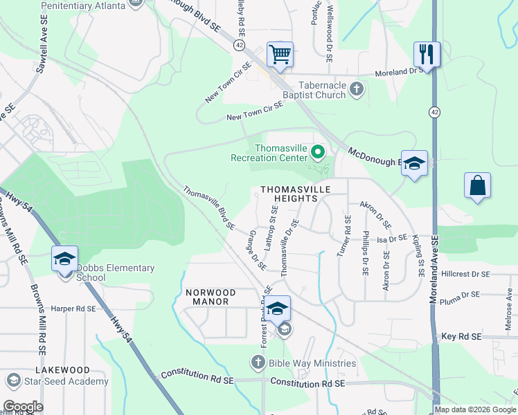 map of restaurants, bars, coffee shops, grocery stores, and more near 1935 Lathrop Street Southeast in Atlanta