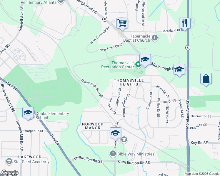 map of restaurants, bars, coffee shops, grocery stores, and more near 1161 Penn Court Southeast in Atlanta