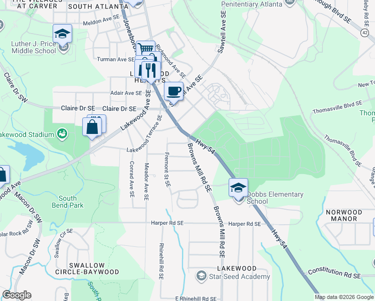 map of restaurants, bars, coffee shops, grocery stores, and more near 1901 Browns Mill Road Southeast in Atlanta