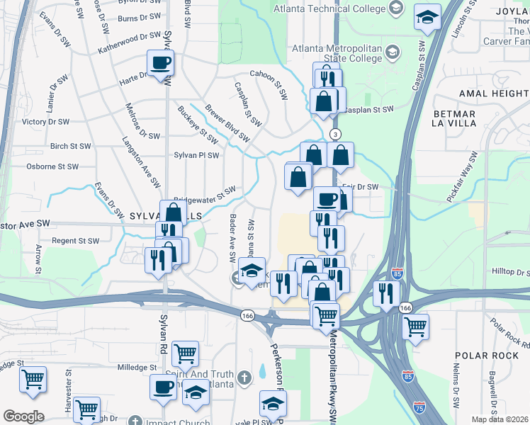 map of restaurants, bars, coffee shops, grocery stores, and more near 1921 Brewer Boulevard Southwest in Atlanta
