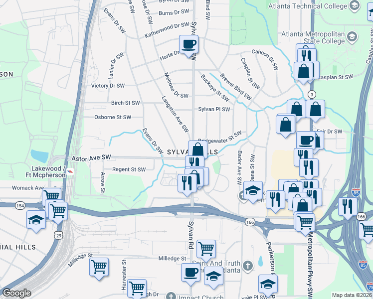 map of restaurants, bars, coffee shops, grocery stores, and more near 1939 Sylvan Road Southwest in Atlanta